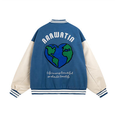 Kurtka uniwersytecka ze skórzanymi rękawami z haftem Unisex Bomber Baseball Varsity Jacket